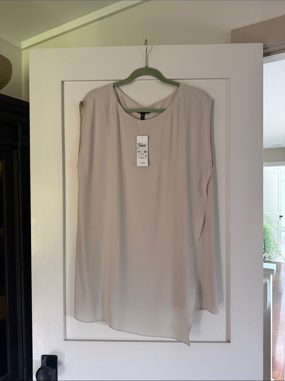Eileen Fisher Cream Asymmetric Hem Sleeveless Layered Chiffon Top